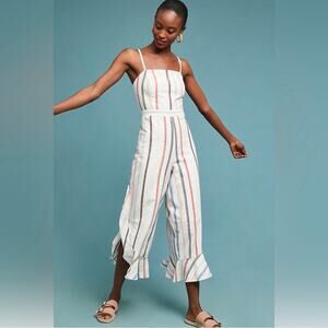 Red Carter Anthropologie Everly White Striped Cotton Ruffle Hem Jumpsuit